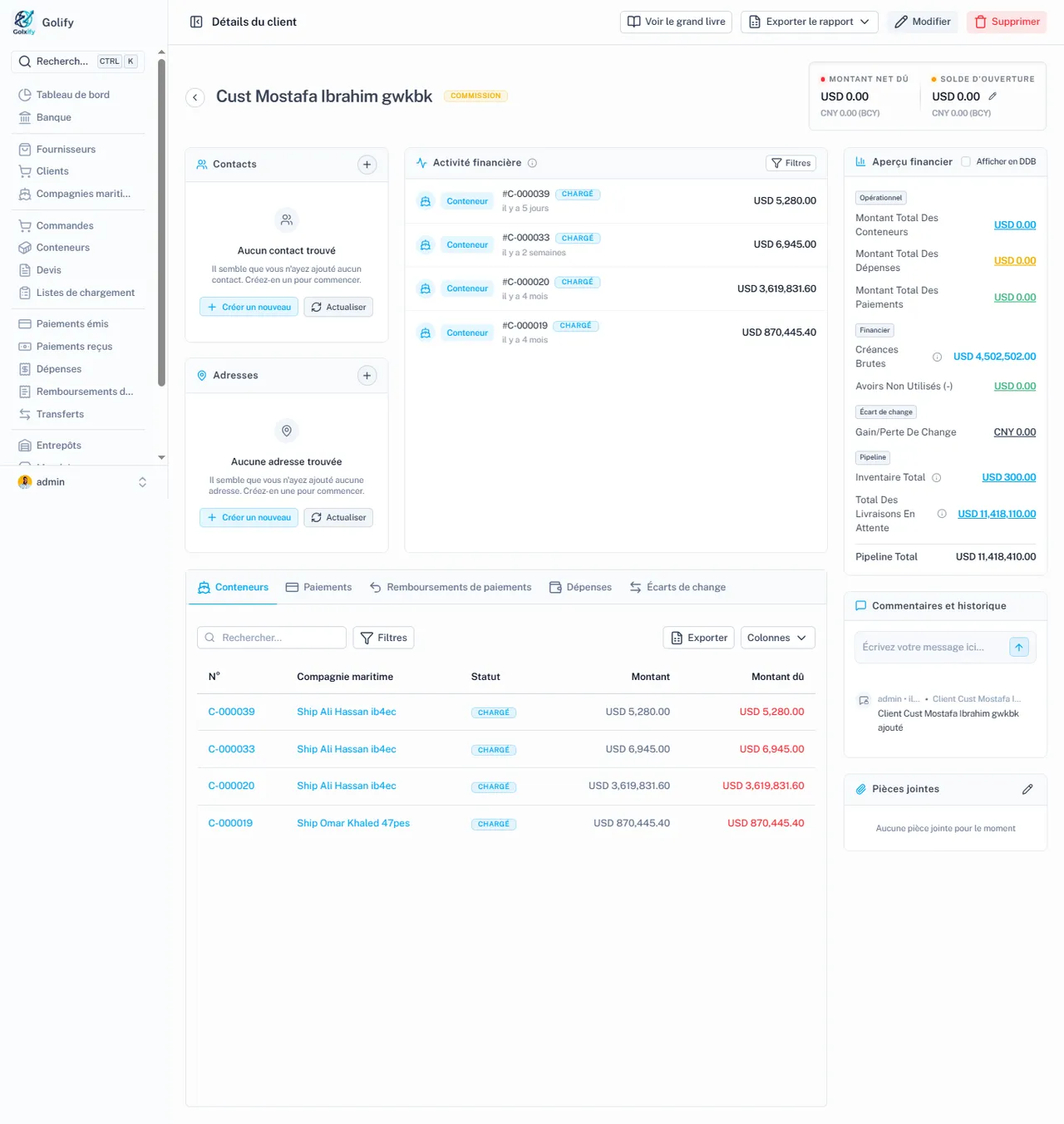 Détails du client dans Golify avec activité financière et soldes