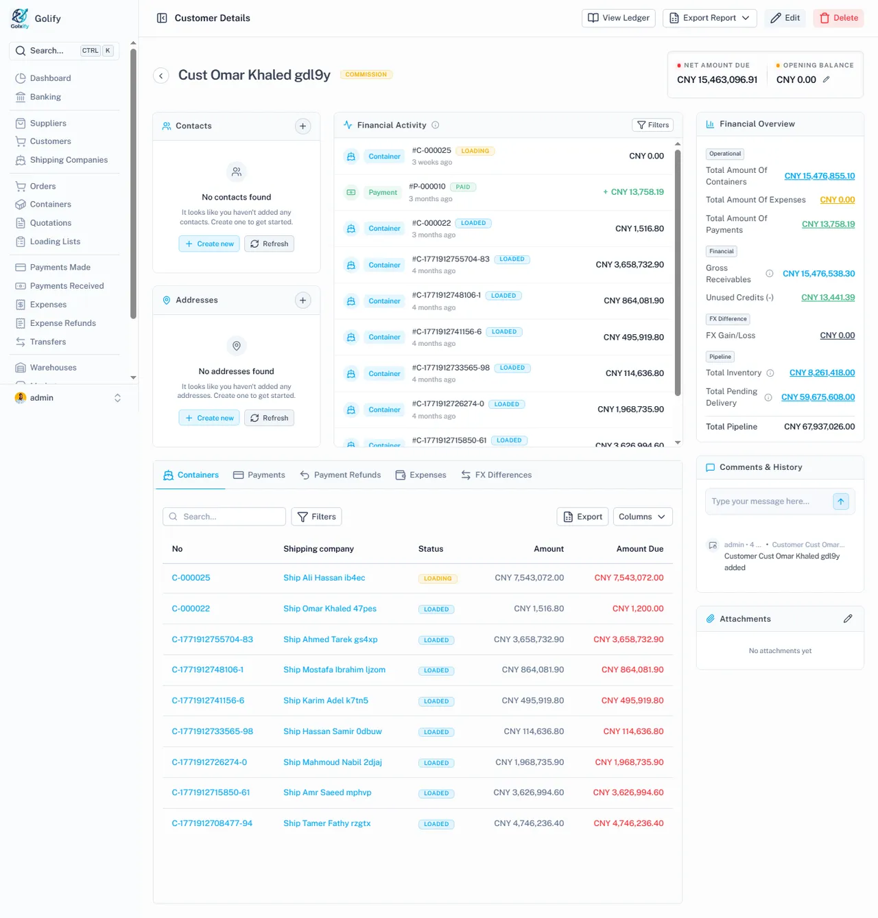 Customer details in Golify with financial activity and balances