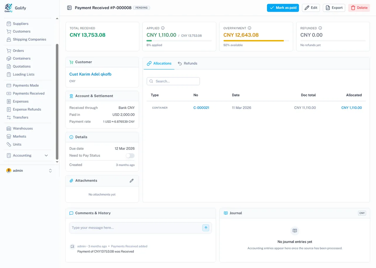 Payment received in Golify with allocations and journal entries