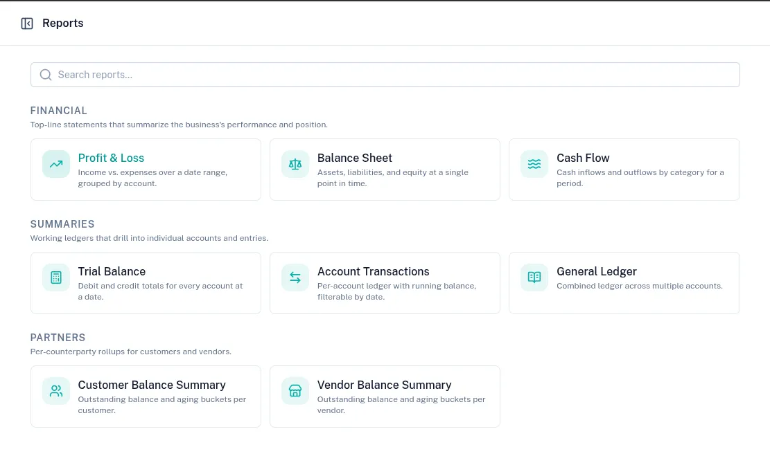 Financial reports in Golify including P&L, Balance Sheet and Cash Flow