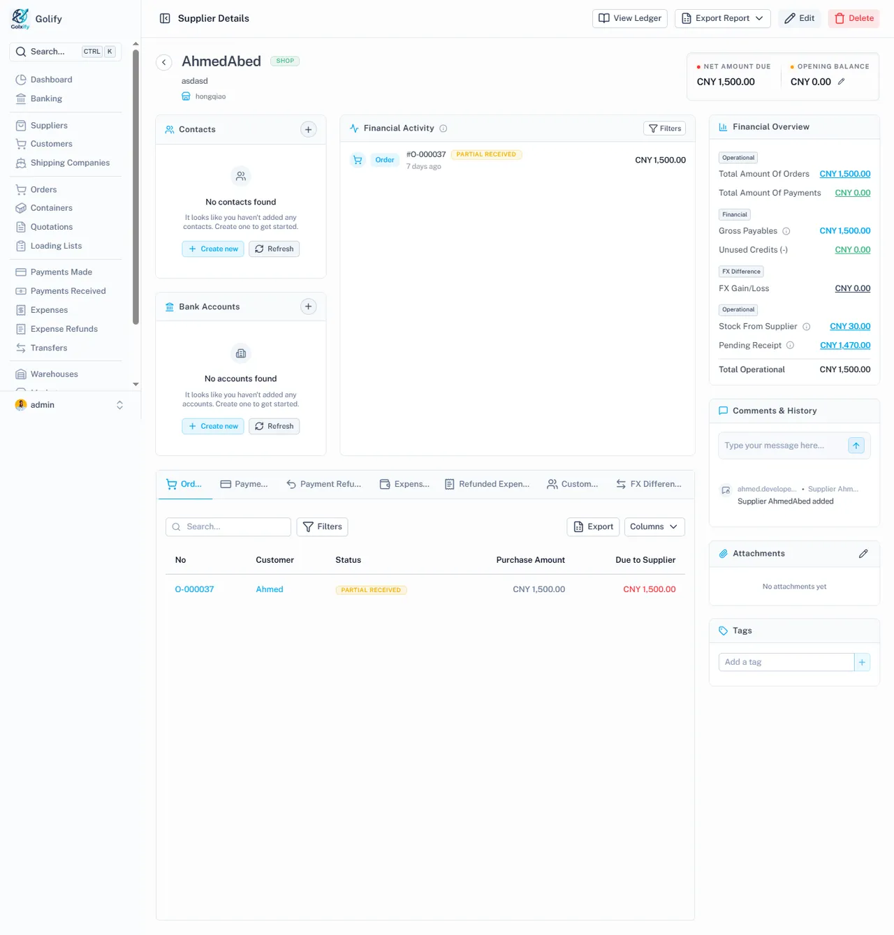 Supplier details in Golify with financial activity and linked orders