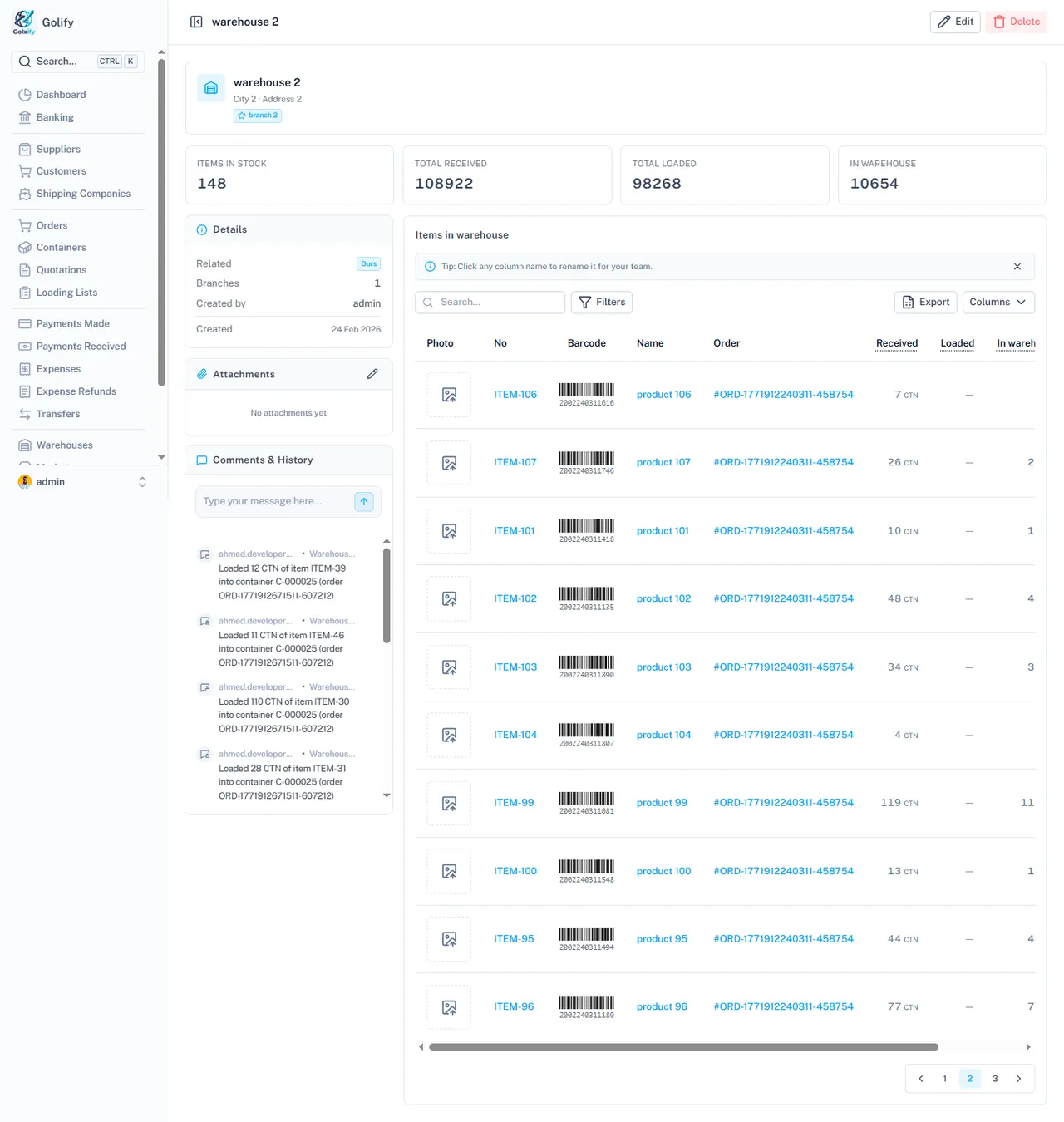 Warehouse inventory in Golify with stock levels and item tracking